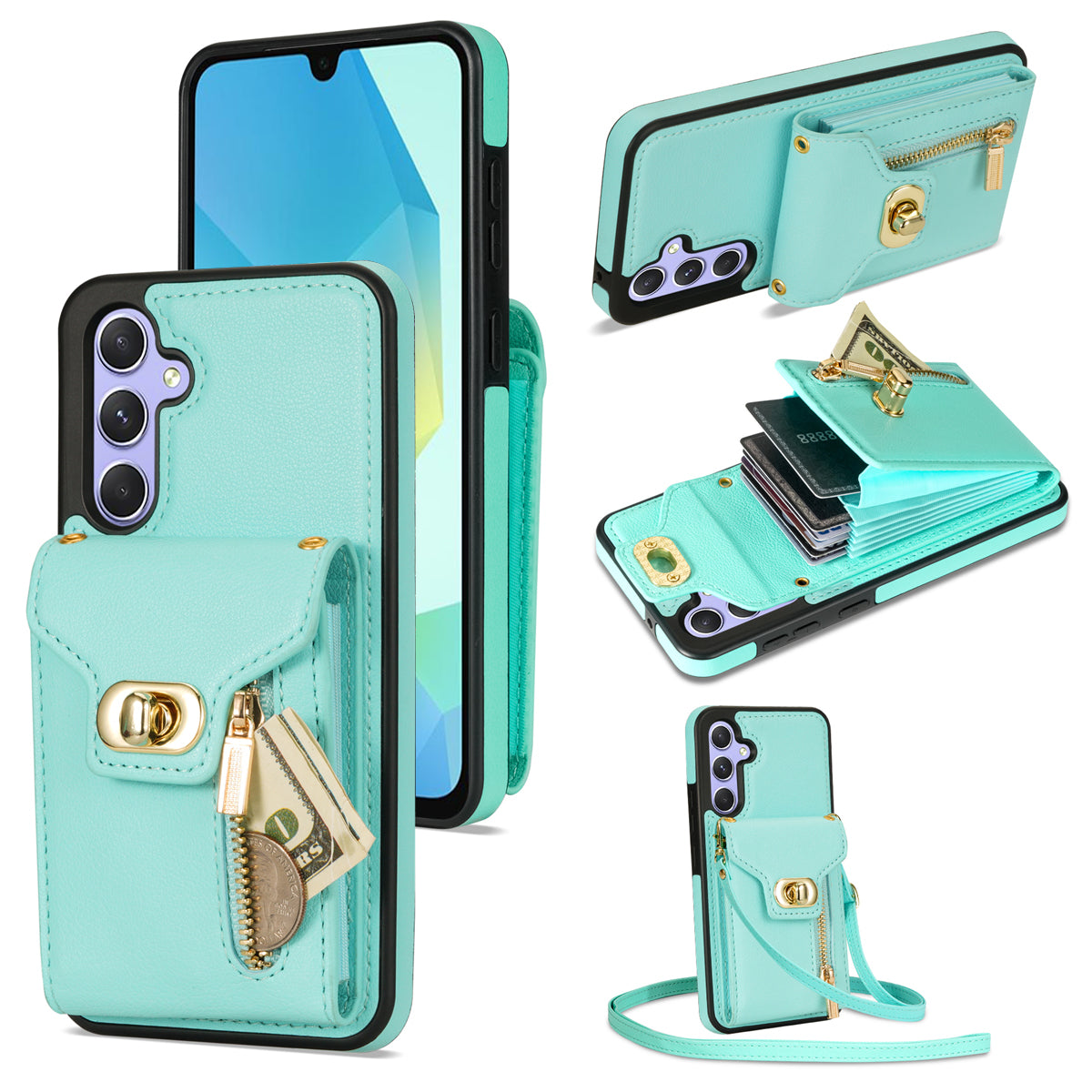 For Samsung Galaxy A16 5G / 4G Case Leather + TPU Phone Cover with Card Bag, Shoulder Strap - Green For Samsung Galaxy A16 5G / 4G Case Leather + TPU Phone Cover with Card Bag, Shoulder Strap - Green